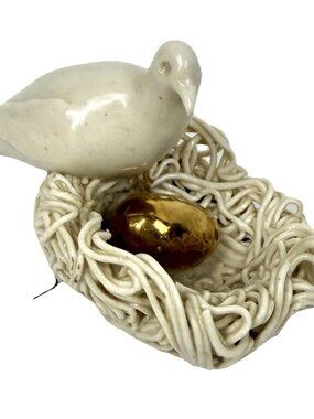 Vintage Handmade Ceramic White Bird Spaghetti Nest Gold Egg Wired Ornament